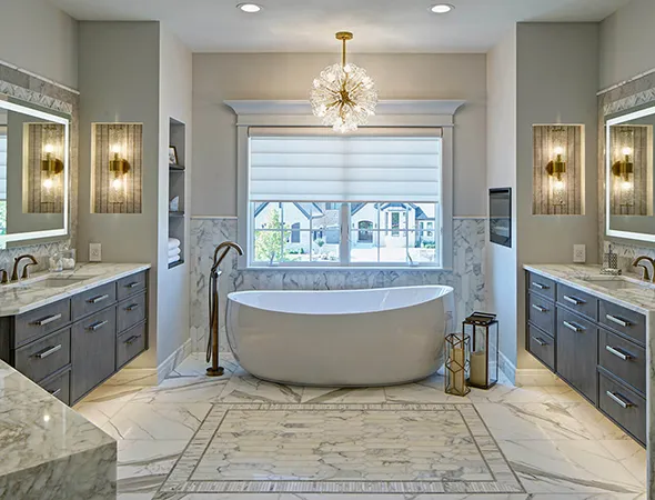 A spacious bathroom featuring a large tub and shower, showcasing a modern design ideal for a renovation project.
